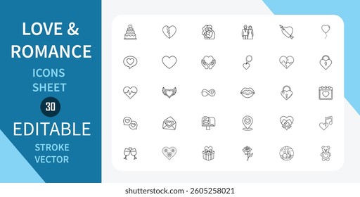  Love and Romance line icons set. Hearts, Gifts, Cupids arrow, Rings, and more. Outline vector icon in linear style. Editable stroke. Vector illustration.