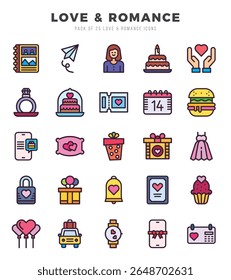 Amor e Romance lineal cor ícones pack