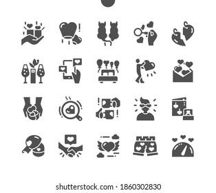 Love and romance. Lovely gifts. Love letter. Heart with wings flies. Romantic dinner. Cups for lovers. Ring and postcard. Vector Solid Icons. Simple Pictogram