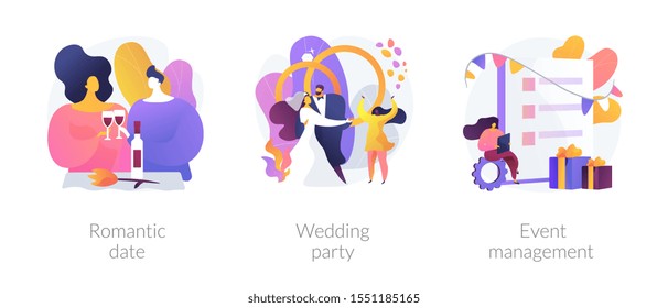 El amor y el romance, ceremonia matrimonial, los íconos del servicio de planificación de eventos profesionales. Fecha romántica, fiesta de boda, metáforas de gestión de eventos. Ilustraciones de metáforas conceptuales aisladas por vectores