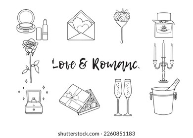 Love and Romance Outline Vector Icon Set containing icons of lipstick and powder box, envelope and hearts strawberry, fragrance, rose, candles, engagement ring, box of chocolates, champagne bucket