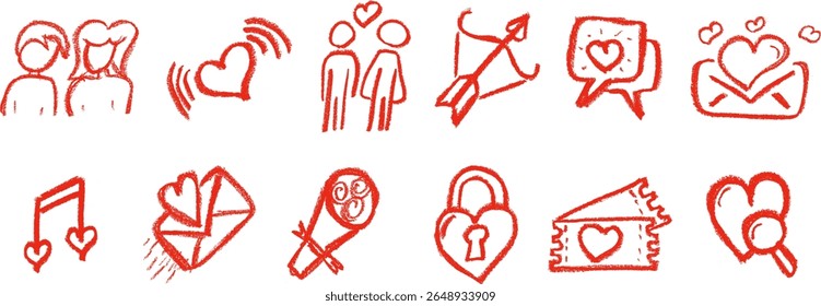 Amor Romance ícones relacionados giz de giz de giz de cera desenhando conjunto vetor