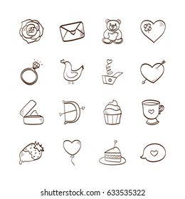 Love and romance San Valentine's Day doodle hand drawn icons set.