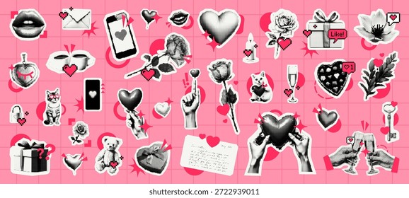 Amor e romance padrão perfeito com elementos de meio-tom. Fundo de colagem de arte de pixel do Dia dos Namorados para o design do cartão de saudação ou produto digital.