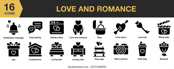 Love And Romance solid icon set. Includes love, romance, romantic, valentine, heart, couple, and More. Solid icons vector collection.