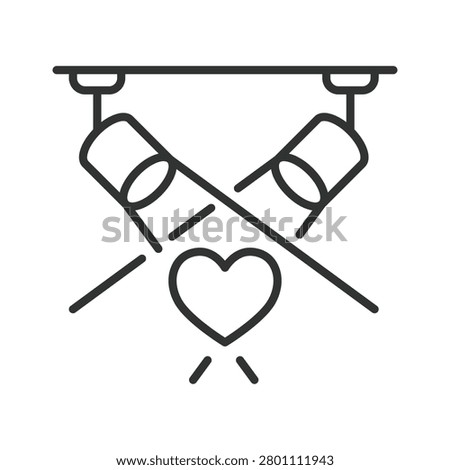 Love and romance spotlight icon in line design. Heart, passion, attention, event, show, stage, light on white background vector. Romance editable stroke icon