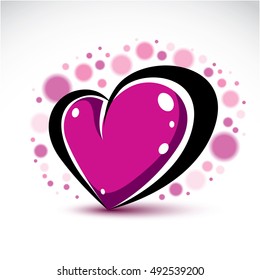 Love and romance symbolic object, Dimensional purple heart decorated with transparent bubbles. Vector symbol can be used in wedding theme.