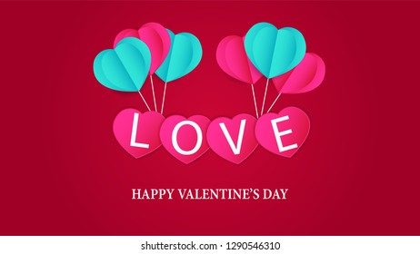 Love Romance. Valentine's day banner template. Hearth balloon shape origami paper craft style on the red background. Vector illustration