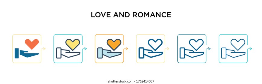 Love and romance vector icon in 6 different modern styles. Black, two colored love and romance icons designed in filled, outline, line and stroke style. Vector illustration can be used for web, 