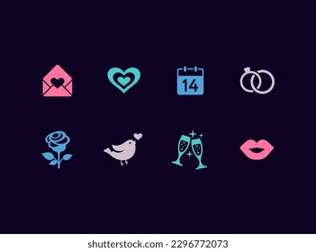 Love and romance vector icon set. St. Valentine's Day holiday signs. Dating, engagement, wedding icons.