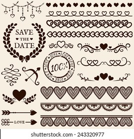 Love, romance and wedding decorations set. Collection of elements for valentine's greeting cards, wedding invitations, page and website decor or any other romantic design. Vector illustration.  
