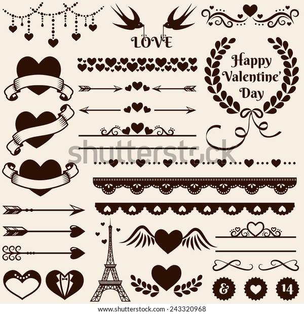 Love, romance and wedding decorations set. Collection of\
elements for valentine\'s greeting cards, wedding invitations, page\
and website decor or any other romantic design. Vector\
illustration.  