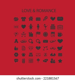 love, romance, wedding icons, signs, illustrations, silhouettes set, vector