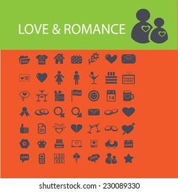 love, romance, wedding icons, signs, illustrations set, vector