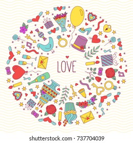 Love romance wedding st. valentines day save the date round vector frame colorful doodle icons