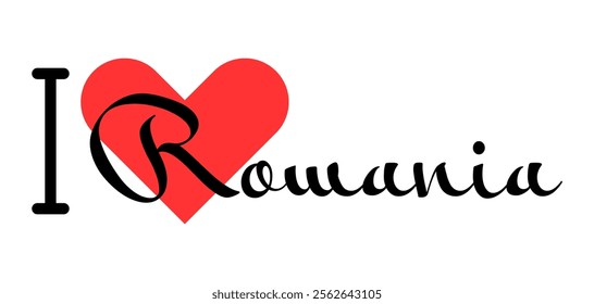 I love Romania. Hand drawn letters with red heart. Vector illustration, lettering in modern design for print t shirt, banner, poster, sticker or label.