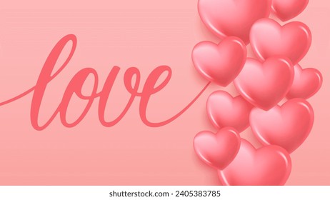 Amor. Fondo romántico con símbolos 3d del corazón rojo y letras de la mano. Diseño gráfico de Velentines Day o Wedding Day. Ilustración vectorial.