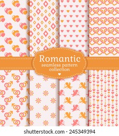 Love and romantic backgrounds. Collection of  seamless patterns with pink, white and yellow colors. Vector set.