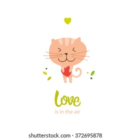 Love. Romantic card with cute cat. Funny cartoon vector illustration. Valentine's day card.