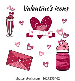 Love romantic collection of Valentine's Day doodle hand drawn icons in pink colors. Isolated. Cartoon hand drawn stickers set on pink colors. Elements for greeting cards, posters, web banners. Vector.