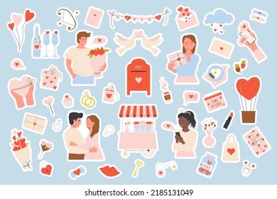 Love, romantic collection vector illustration sticker pack set. People in love, hugging or sending love messages, giving flowers, cute gifts elements for scrapbook. Valentines Day, romance concept