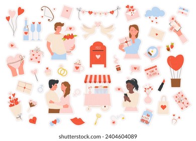 Love, romantic collection vector illustration sticker pack set. People in love, hugging or sending love messages, giving flowers, cute gifts elements for scrapbook. Valentines Day, romance concept