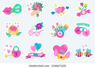 Love and romantic cute stickers set in flat cartoon design. Bundle of kissing lips, flower bouquet, hearts, love letter, pink glasses and other. Vector illustration for planner or organizer template