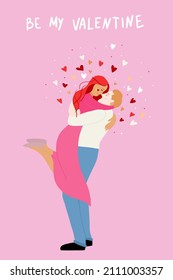 Love, romantic dating concept. Profile portrait of young happy loving couple. Man and girl hugging. Kiss with eyes closed over pink background vector illustration. Postcard, poster.