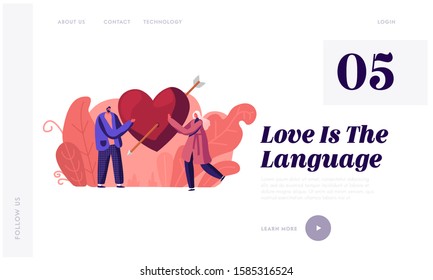 Love, Romantic Dating Website Landing Page. Loving Couple Share Huge Red Heart with Arrow. Human Relations, Newlywed Couple Spending Time Together Web Page Banner. Cartoon Flat Vector Illustration