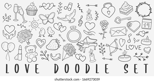 Love Romantic Doodle Line Art Illustration. Hand Drawn Vector Clip Art. Banner Set Logos.