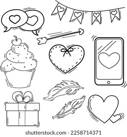 Love Romantic Doodle Line Art Illustration. Hand Drawn Vector Clip Art. Banner Set Logos.