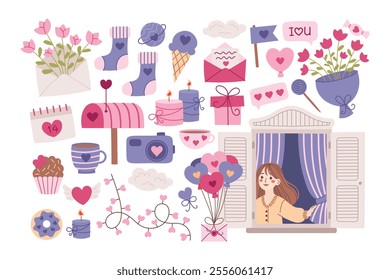 Love romantic elements for valentine's day collection. Beautiful girl looking out of window, flowers, tulips, love letter, candles, gift box, sweets, candles, balloons. Vector flat illustration set.