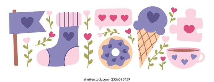 Love romantic elements for valentine's day set. Flag, sock, donut, ice cream, puzzle, cup, flowers, hearts. Cute vector hand drawn flat style illustration collection isolated on white background. 