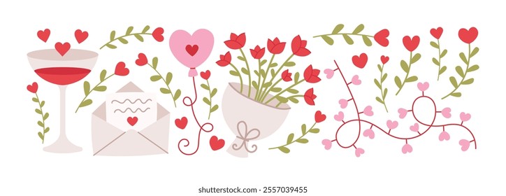 Love romantic elements for valentine's day set. Glass, love letter, balloon, tulips, garland, hearts. Cute vector hand drawn flat illustrations isolated on white background. 