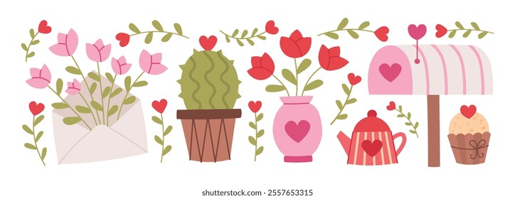 Love romantic elements for valentine's day set. Envelope, flowers, tulips, cactus, hearts, teapot, cupcake, mailbox. Cute vector hand drawn flat illustrations isolated on white background. 