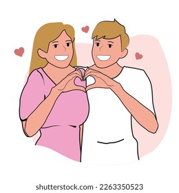 En el amor, el romanticismo, el sentimiento, el corazón, el concepto. Amantes felices formando el corazón con las manos juntas. Joven pareja feliz prueba simbólica del amor. Romántica, creativa declaración de sensación simple vector plano.