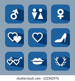 Love and romantic flat icon set with long shadows