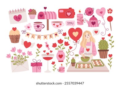 Love romantic flat vector illustrations, elements for valentine's day collection. Beautiful girl in an apron making cookies, flowers, love letter, candles, gift box, sweets, balloons, hearts.
