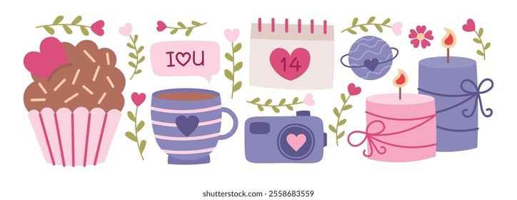 Love romantic hand drawn elements for valentine's day set. Cupcake, mug, calendar, planet, camera, candles, hearts, flowers. Vector flat illustrations isolated on white background. 