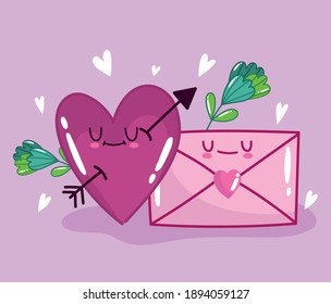love romantic heart and envelope message flowers in cartoon style design vector illustration