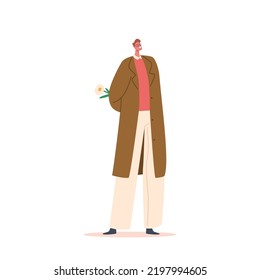 El amor y el concepto romántico de relaciones humanas. Personaje masculino se prepara para citas. Hombre escondiendo flores Bouquet detrás de atrás. Presente a Novia para las vacaciones de San Valentín. Ilustración del vector de dibujos animados