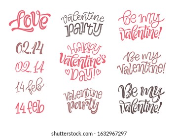 Love and romantic lettering. Happy Valentine's Day vector illustration.  Set of handwritten phrases, quotes and slogans for greeting card, prints or social media. Unique elements for elegant design