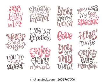 Love and romantic lettering. Happy Valentine's Day vector illustration.  Set of handwritten phrases, quotes and slogans for greeting card, prints or social media. Unique elements for elegant design