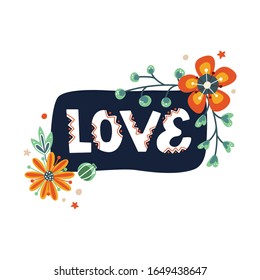 Love. Romantic lettering phrase on the dark background. Hand-drawn calligraphy quote. Ideal for Valentine's day postcard, greeting card, wedding banner, and poster design.
