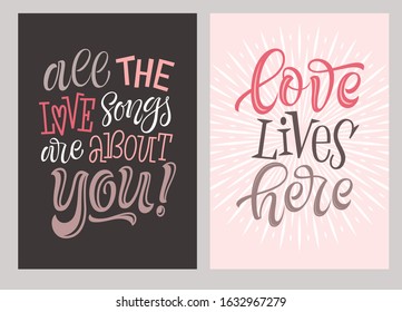 Love and romantic lettering postcards. Set of wedding or Valentine's day design elements. Vector illustration of handwritten phrases, quotes and slogans for greeting cards, prints or social media