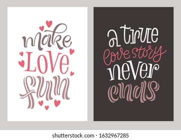 Love and romantic lettering postcards. Set of wedding or Valentine's day design elements. Vector illustration of handwritten phrases, quotes and slogans for greeting cards, prints or social media
