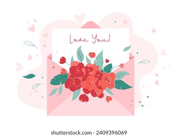 Love romantic message in envelope. Happy Valentine's day. Open envelope with flowers and greeting card. Mother's Day. Vector illustration for banner, cover, poster, greeting message