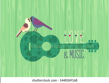 Love romantic music flat color vector poster template. Hand drawn vintage guitar silhouette, kissing birds cartoon. Classic acoustic guitar design element. Musical fest flyer background illustration