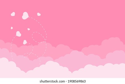 Love romantic panorama border of rose sky in cartoon style with flying hearts. Background for Valentine day with place for text. Pink clouds with layered effect. Great for banner. Vector illustration