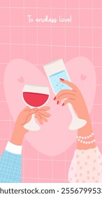 Love romantic poster. Male hand with glass and female hand with drink in glassful with heart on pink checkered background. Vector illustration Holiday vertical valentine banner in flat style